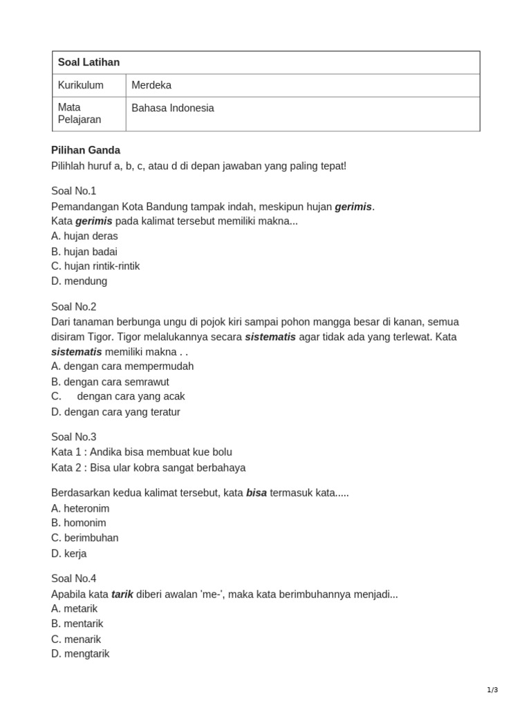 soal ulangan bahasa indonesia kelas 4 semester 2 bab 6