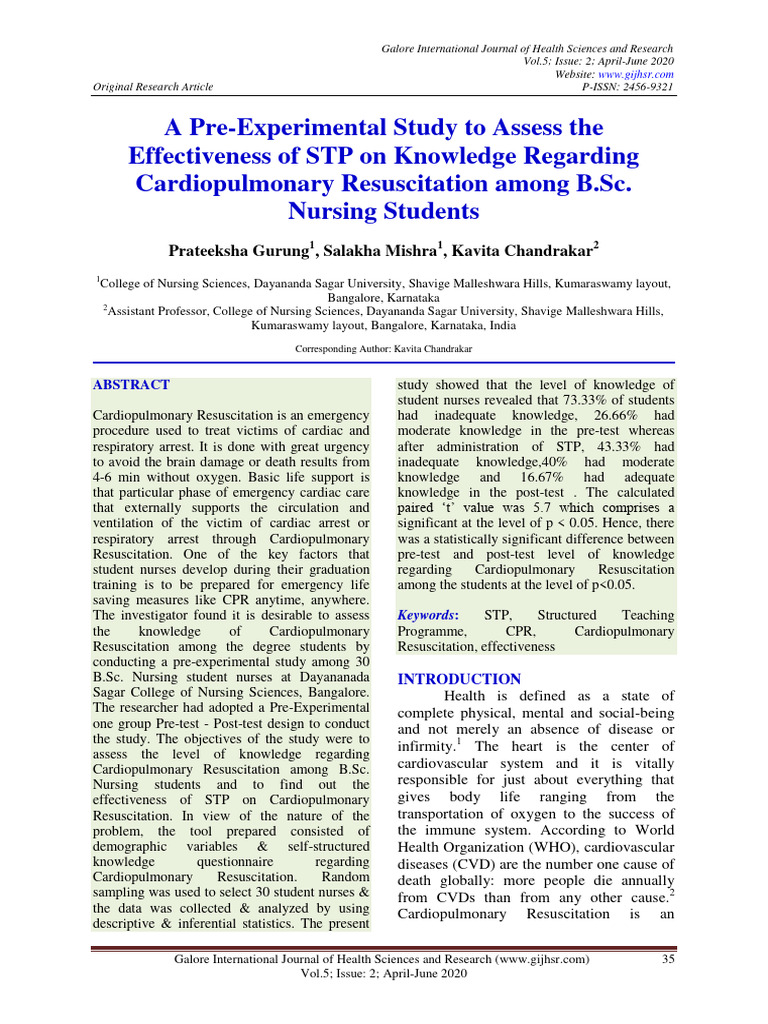 A Pre Experimental Study To Assess The E | PDF