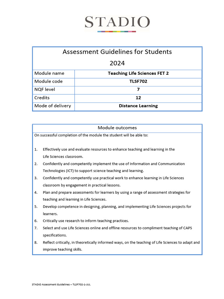 STADIO+Assessment+Guidelines+ +TLSF702+ (DL) | PDF