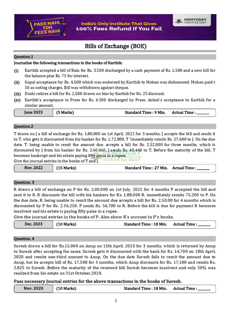 Bills of Exchange (BOE) : Give The Journal Entries in The Books of P ...