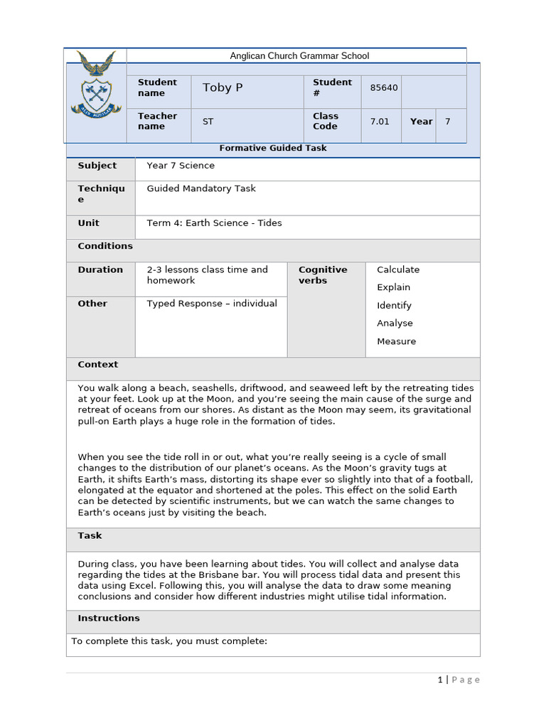 Brisbane Bar Tides Analysis for Year 7 | PDF | Tide | Moon