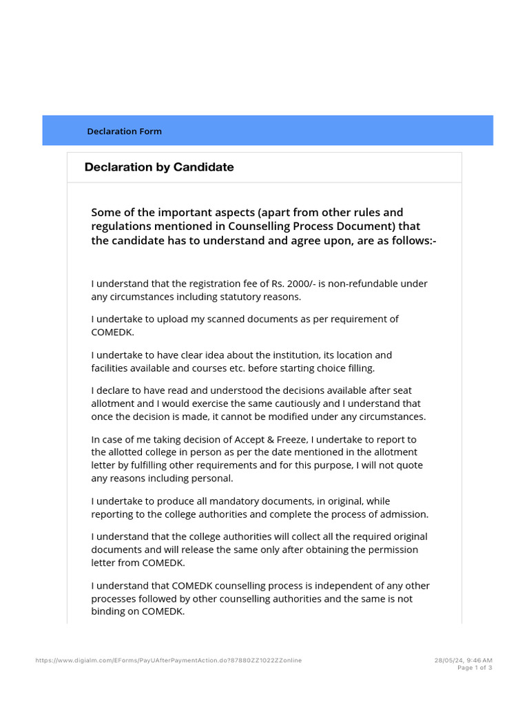 ComedK Counselling Form 2024 | PDF