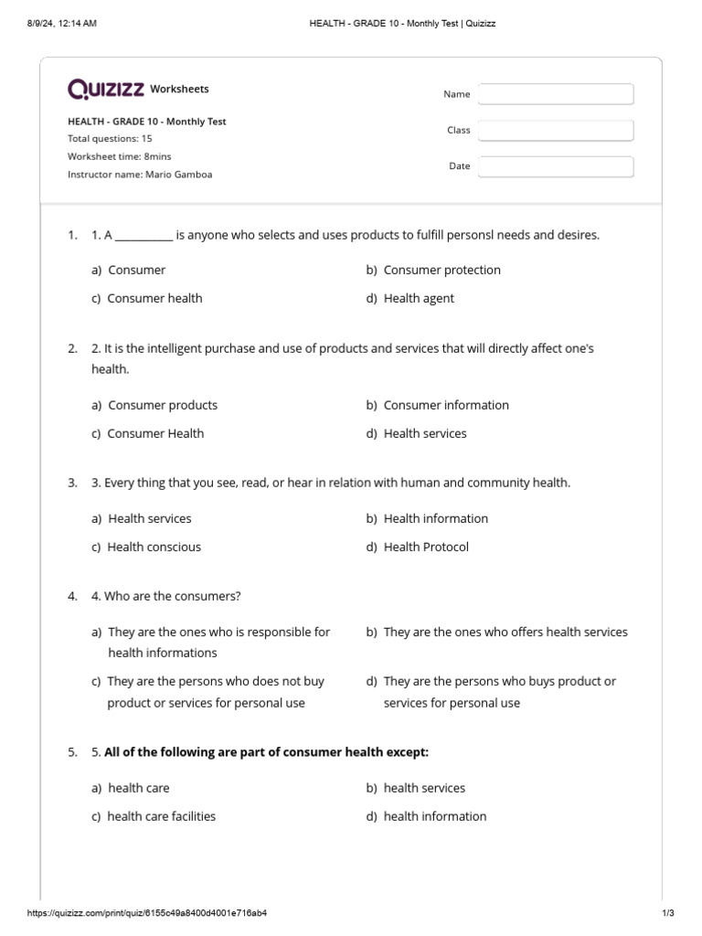 Health grade 10 monthly test quizizz pdf