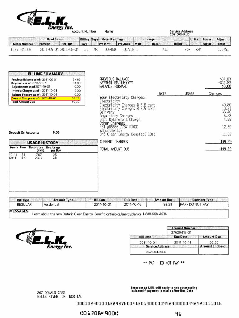 Canada E.L.K. Energy Utility Bill Template | PDF