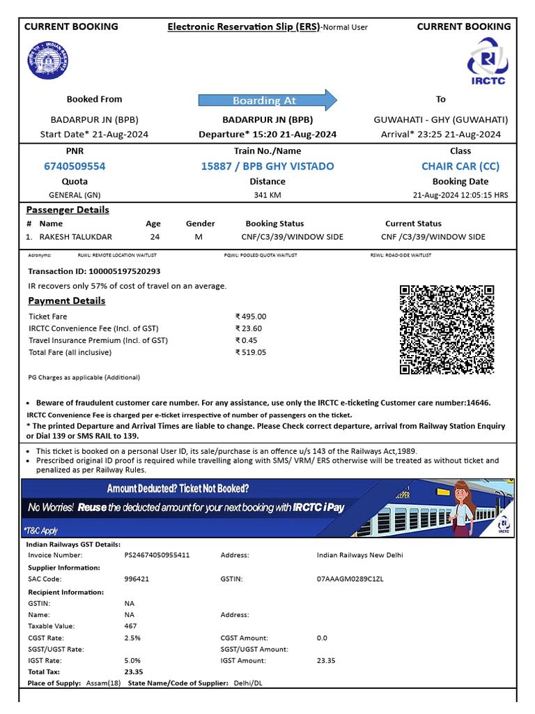 BPB Ghy Vistado Chair Car (CC) : Current Booking Electronic Reserva On ...
