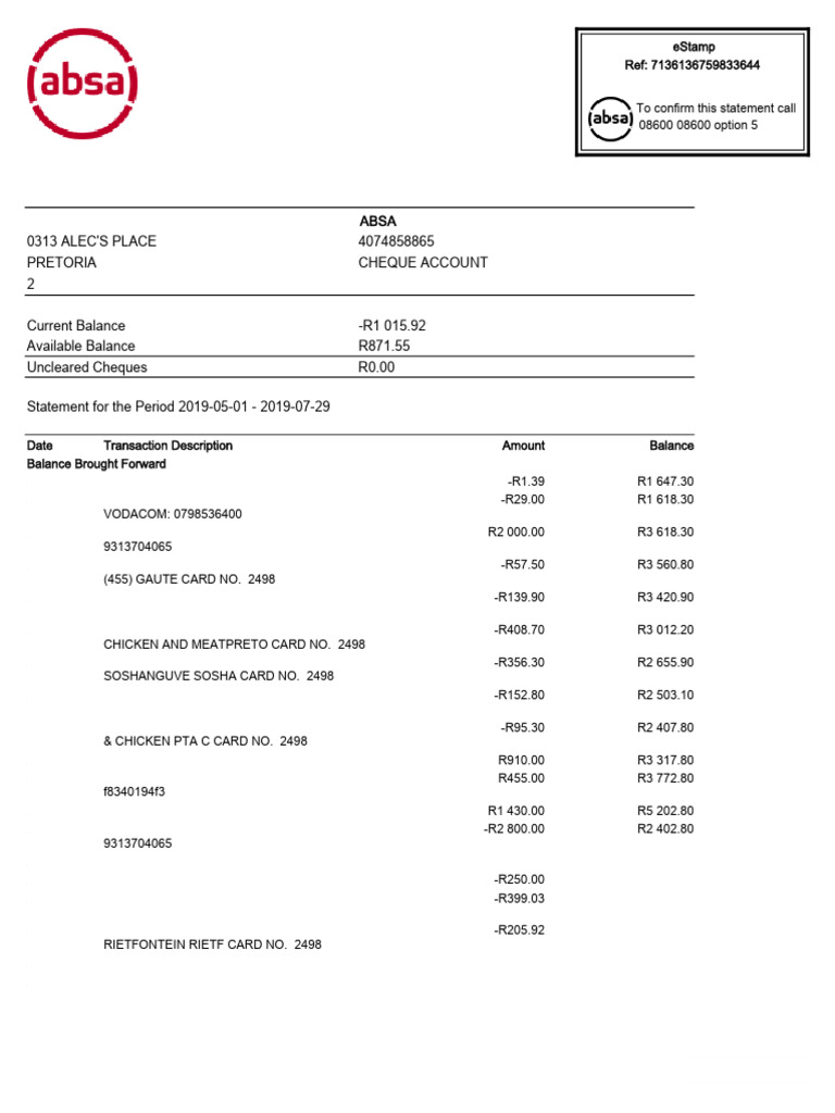 ABSA Bank Statement Summary 2019-2024 | PDF | Debit Card | Financial ...