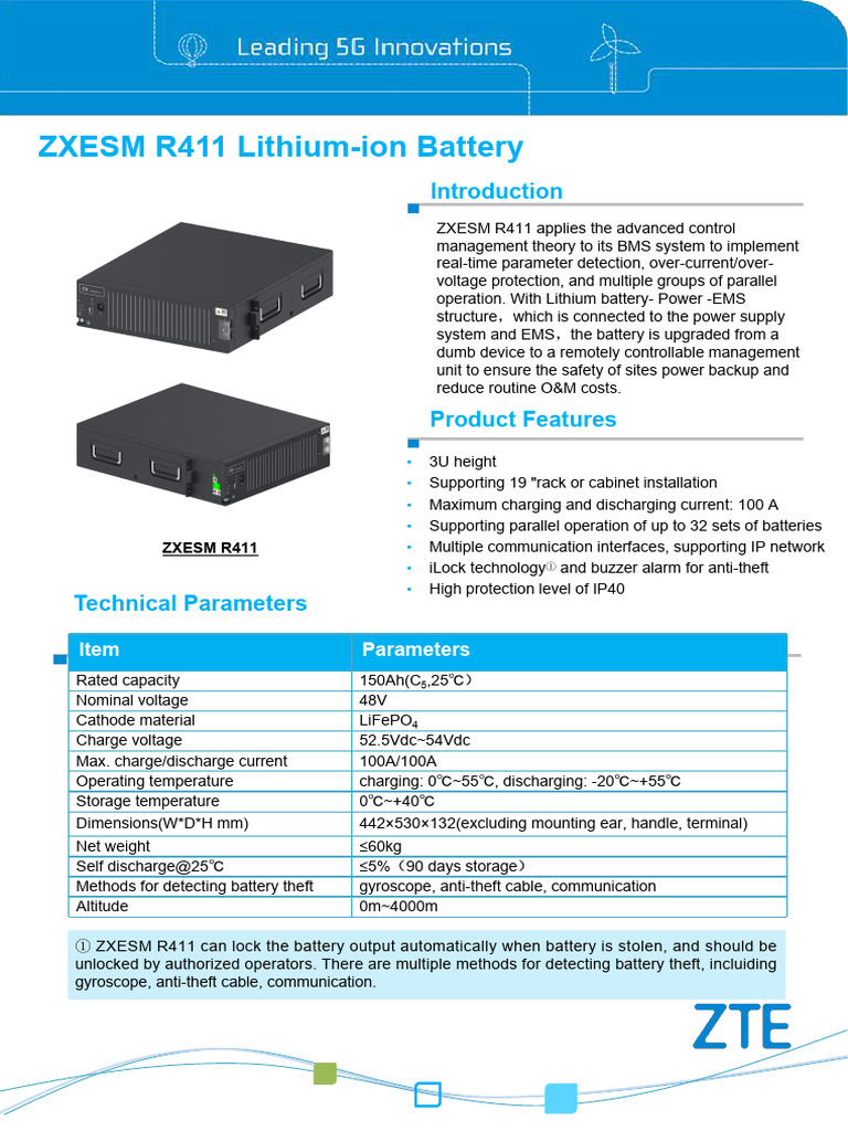 Data Sheet - ZXESM R411 Lithium-Ion Battery V2.0 - 20240410 | PDF