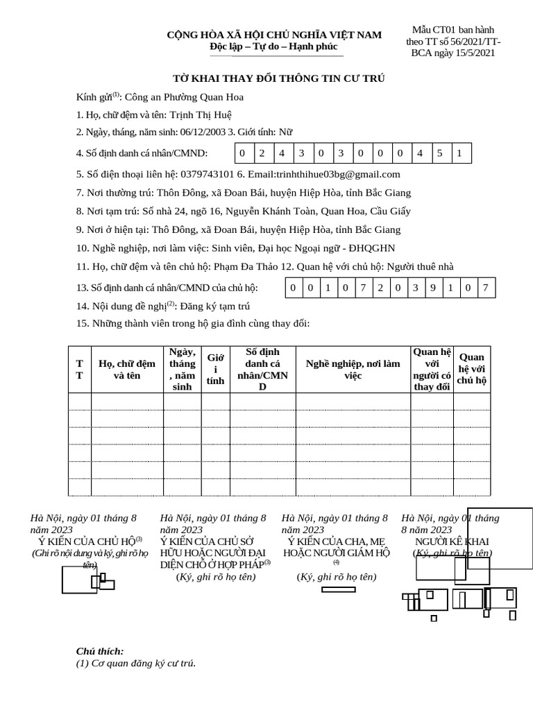 CT01 T Khai Thay Đ I Thông Tin Cư Trú (Repaired) | PDF