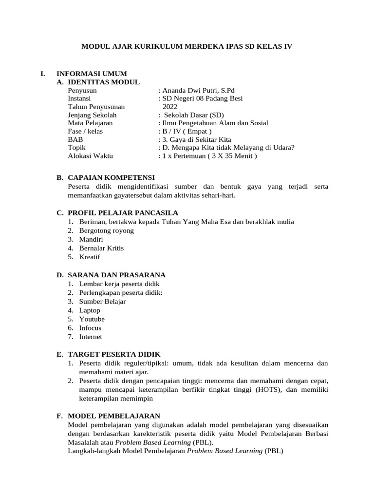 Aksi 1 Modul Ajar Kurikulum Merdeka Ipas SD Kelas IV 1 | PDF