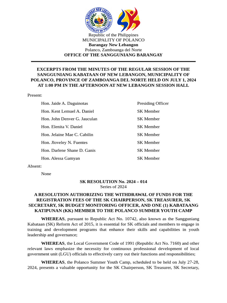 SK RESOLUTION No. 2024 - 014 | PDF