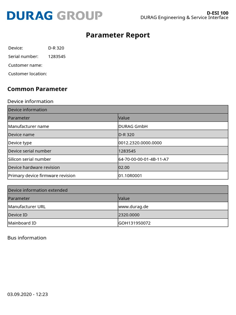D-R 320 - 1283545 - Parameter - Report - 20200903 | PDF