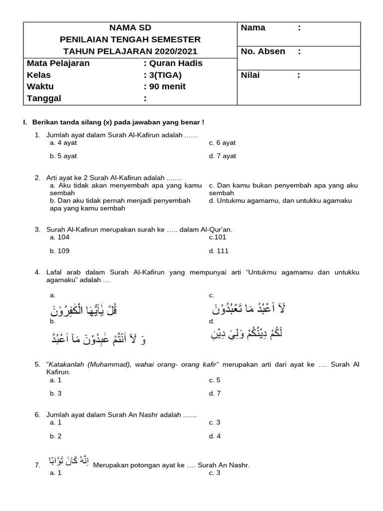Quran Hadits Soal Pts Kelas 3 Pdf