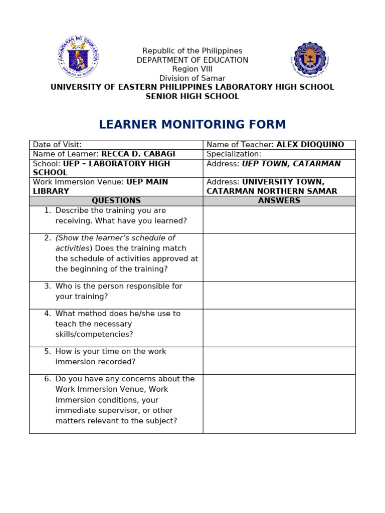 Learner Monitoring Form 050044 | PDF