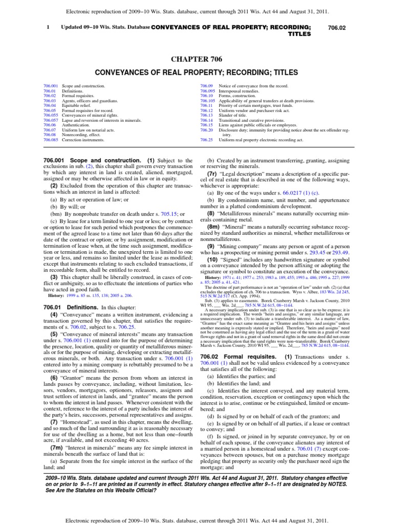 Wis. Stats. CHAPTER 706 Conveyances of Real Property Recording PDF