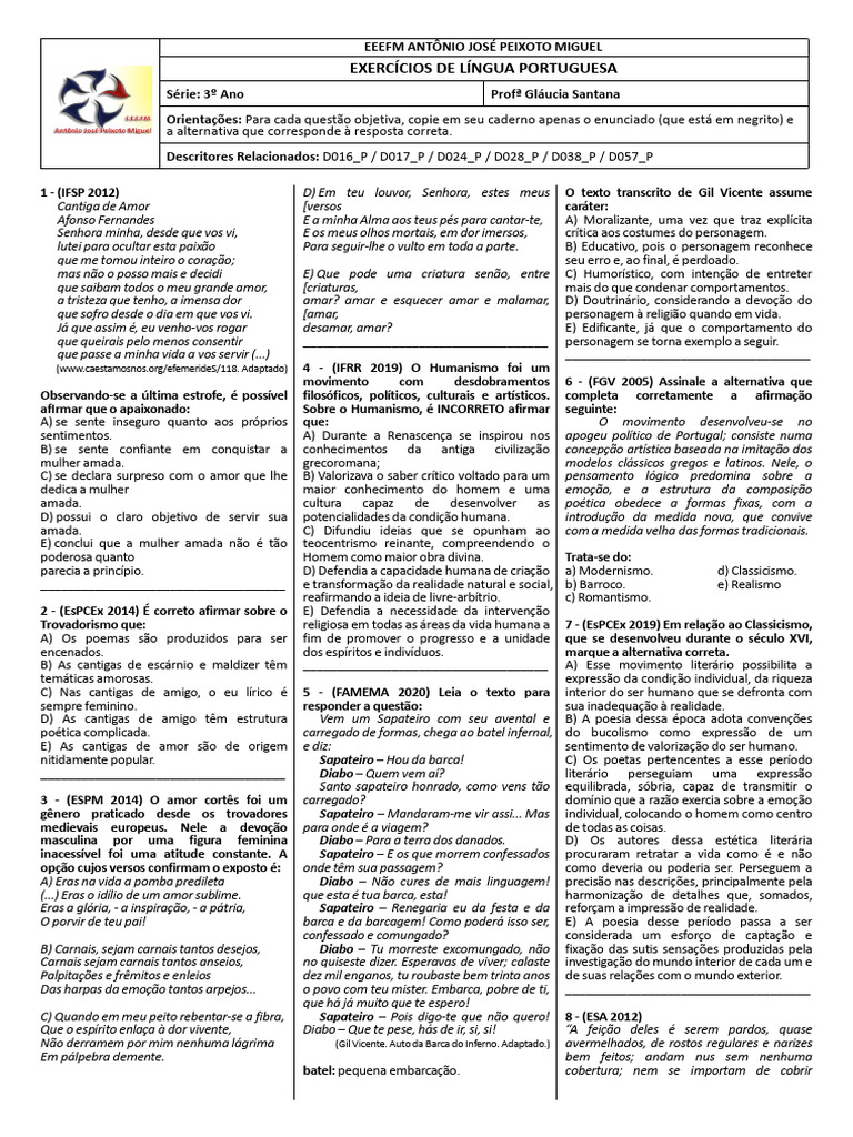 Questoes Enem - Quinhentismo A Romantismo | PDF