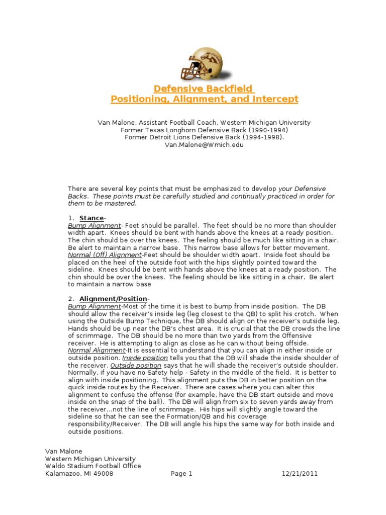 Defensive Backfield Positioning by Coach Van Malone | PDF | Football ...