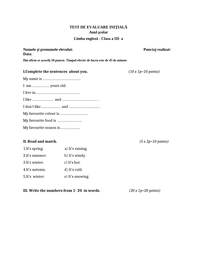 0 Test Initial Clasa A Iiia | PDF