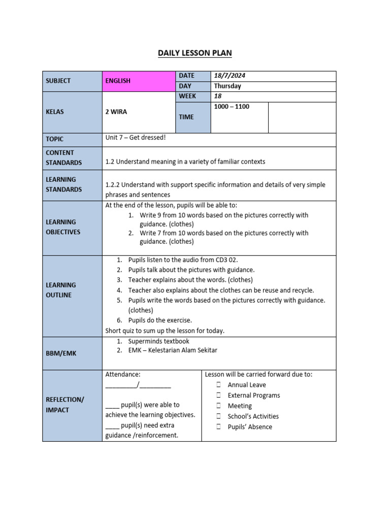 Daily Lesson Plan: Subject English Date DAY Thursday Week Time 1000 ...