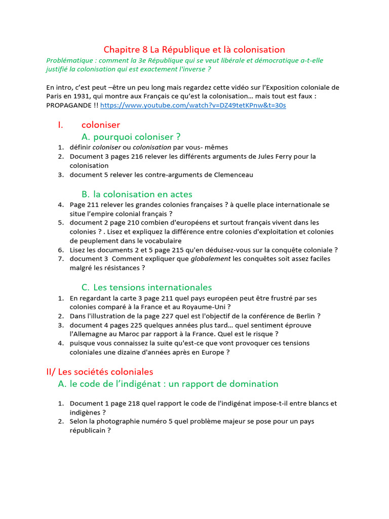 Chapitre 8 La République Et Là Colonisation Travail 1e10 | PDF