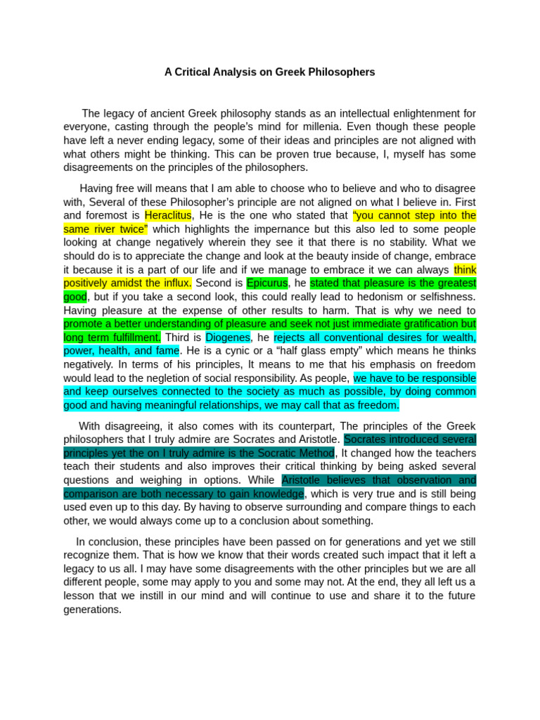 A Critical Analysis On Greek Philosophers | PDF