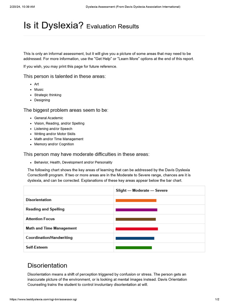 Dyslexia Assessment (From Davis Dyslexia Association International) | PDF