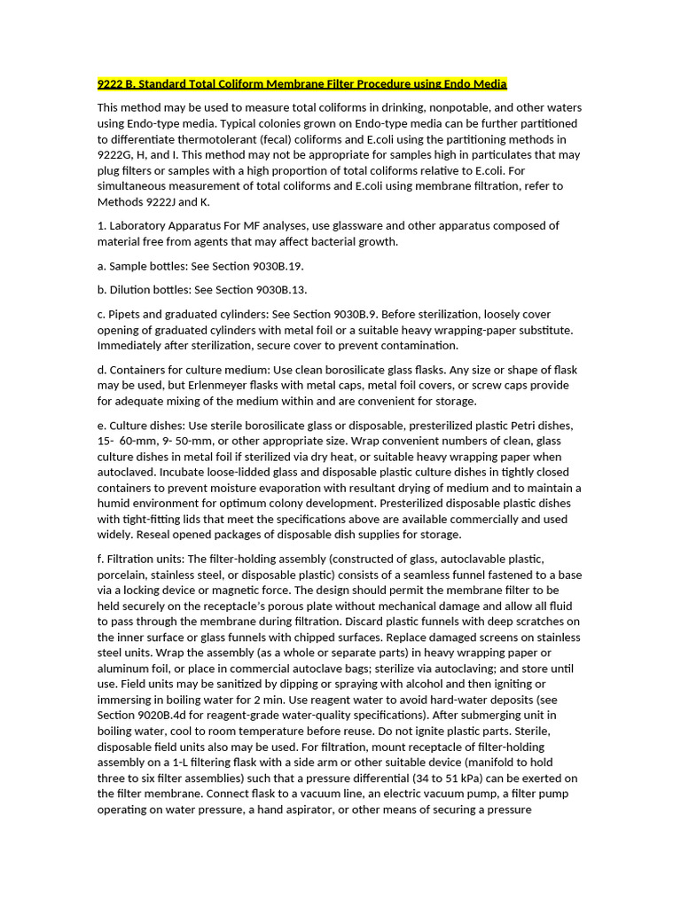 9222 B. Standard Total Coliform Membrane Filter Procedure Using Endo ...