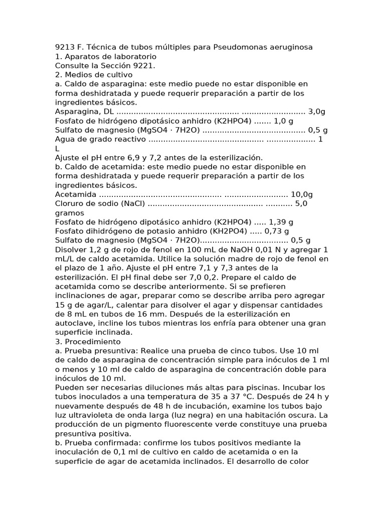 Agua SM Pseudomonas 9213 F Tubos P-A | PDF