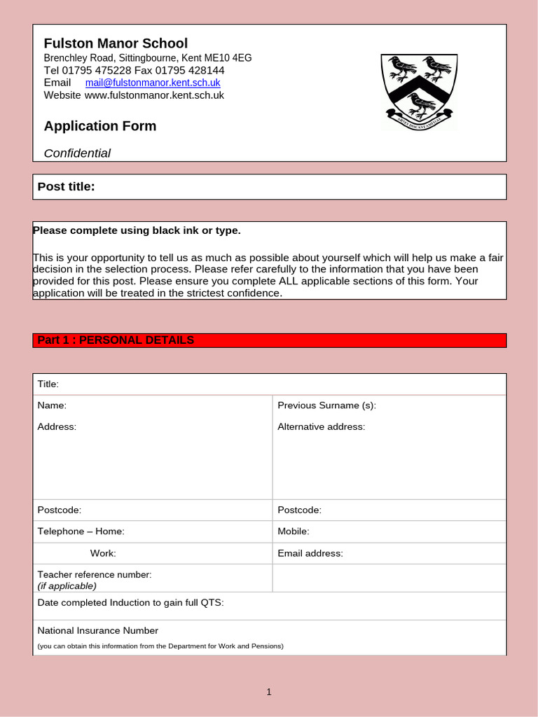 Fulston Manor School Application Form Word.328453543 | PDF | Justice ...
