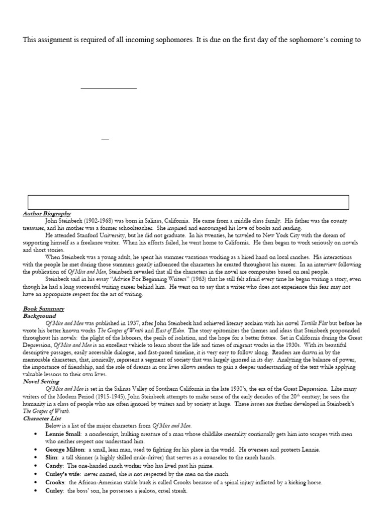 Of Mice and Men Summer Assignment | PDF