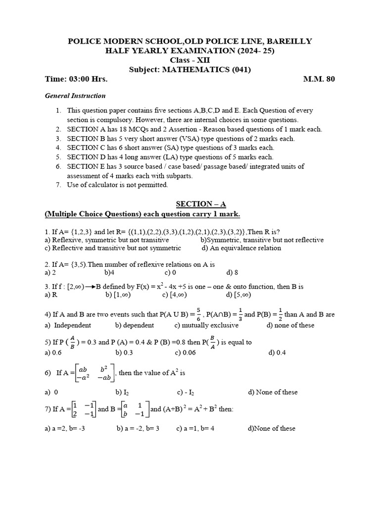 Class 12 Maths Half Yearly Paper 2024-25 | PDF | Function (Mathematics ...