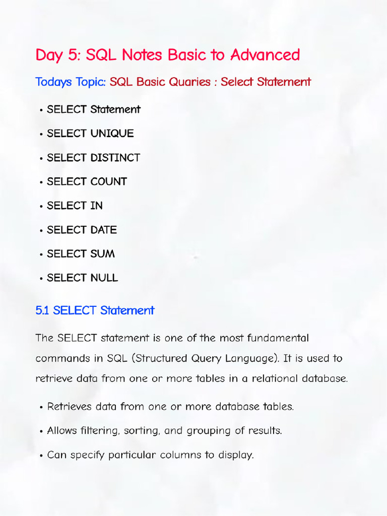 Day 5 SQL Short Notes (SQL Basic Queries Using Select) | PDF