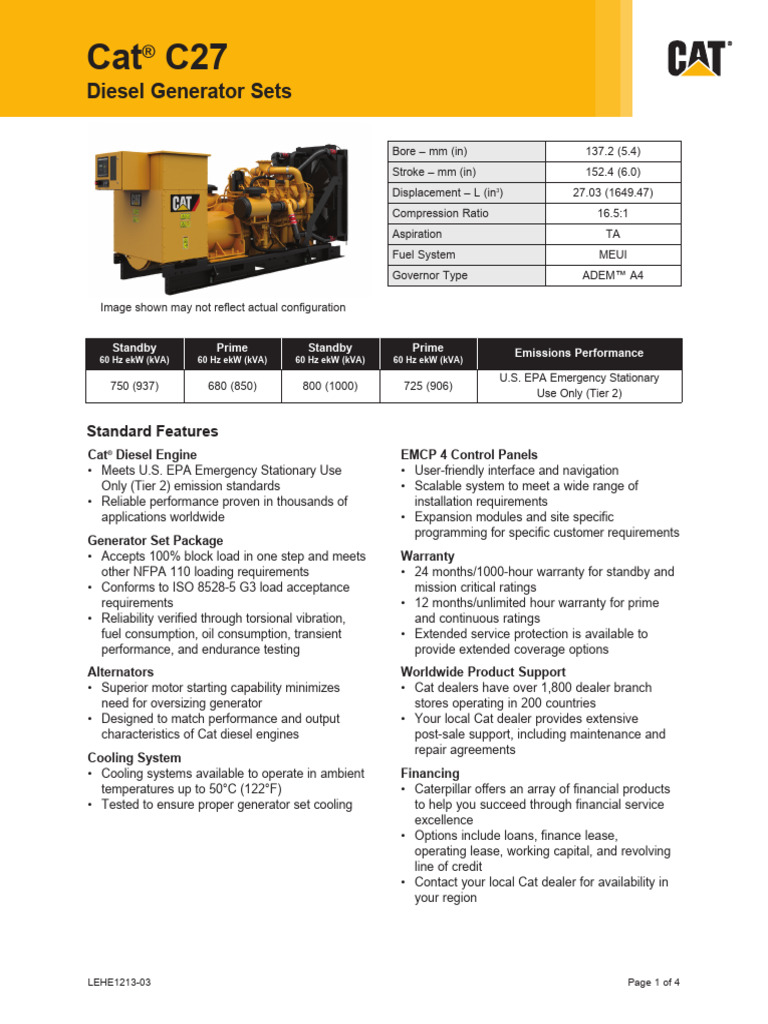 DataSheetC27-1000kVAStand-by Sim | PDF | Battery Charger | Diesel Engine
