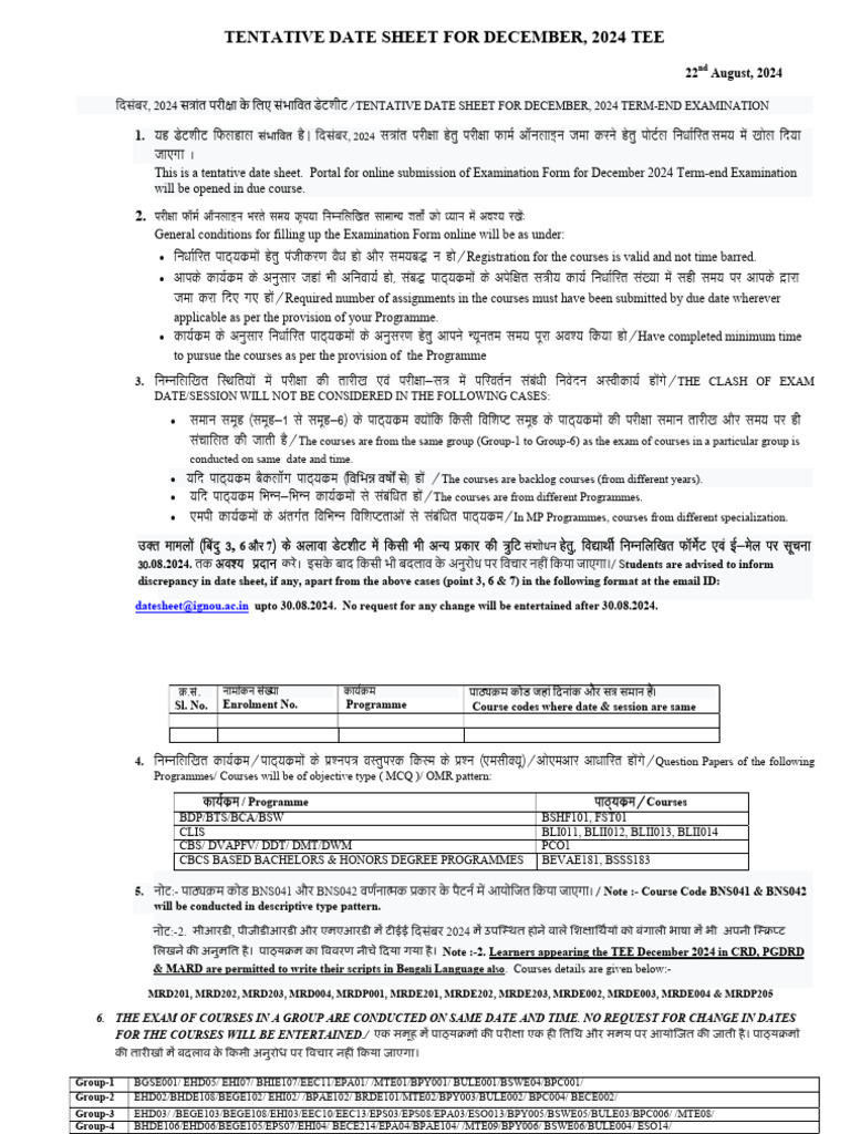 Tentative date sheet for december 2024 tee 22 08 2024 pdf