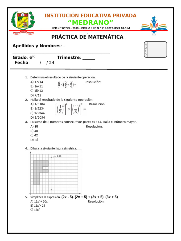 3a. PRACTICA MATH 6TO Agosto | PDF