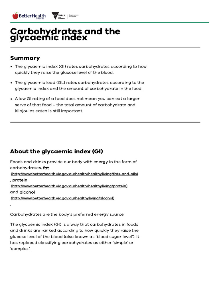Carbohydrates And The Glycaemic Index Better Health Channel Pdf
