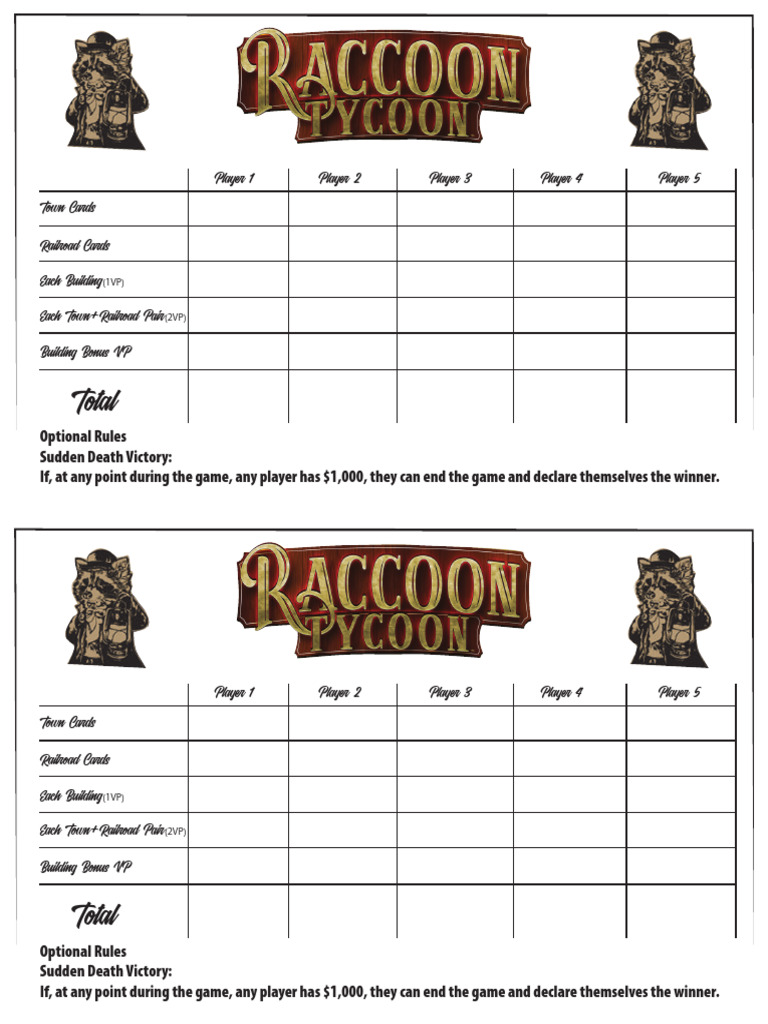 RaccoonTycoon ScoreSheet | PDF