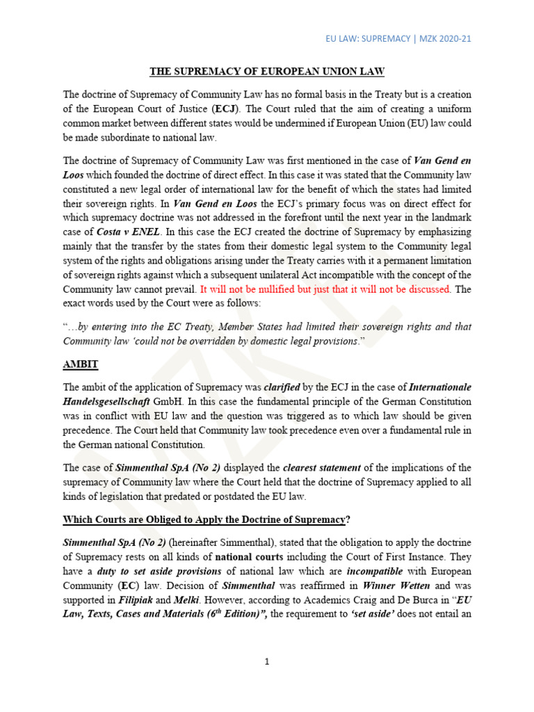 The Supremacy of European Union Law | PDF