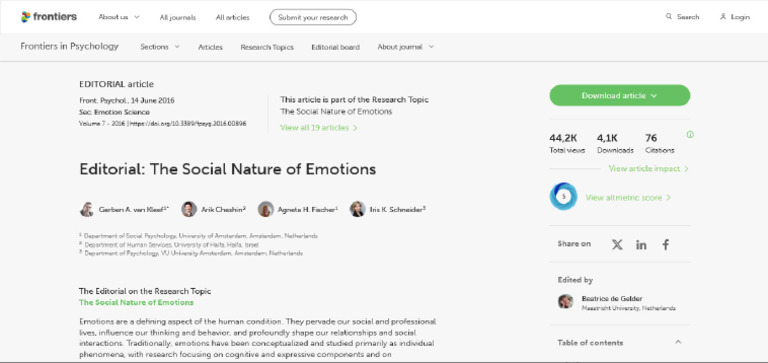 329 - Frontiers - Editorial - The Social Nature of Emotions | PDF
