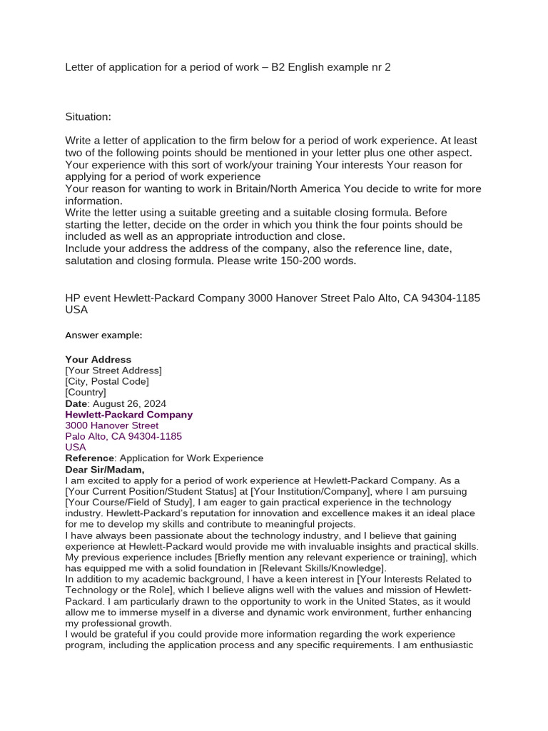 Letter of Application For A Period of Work - B2 English Example NR 2 | PDF