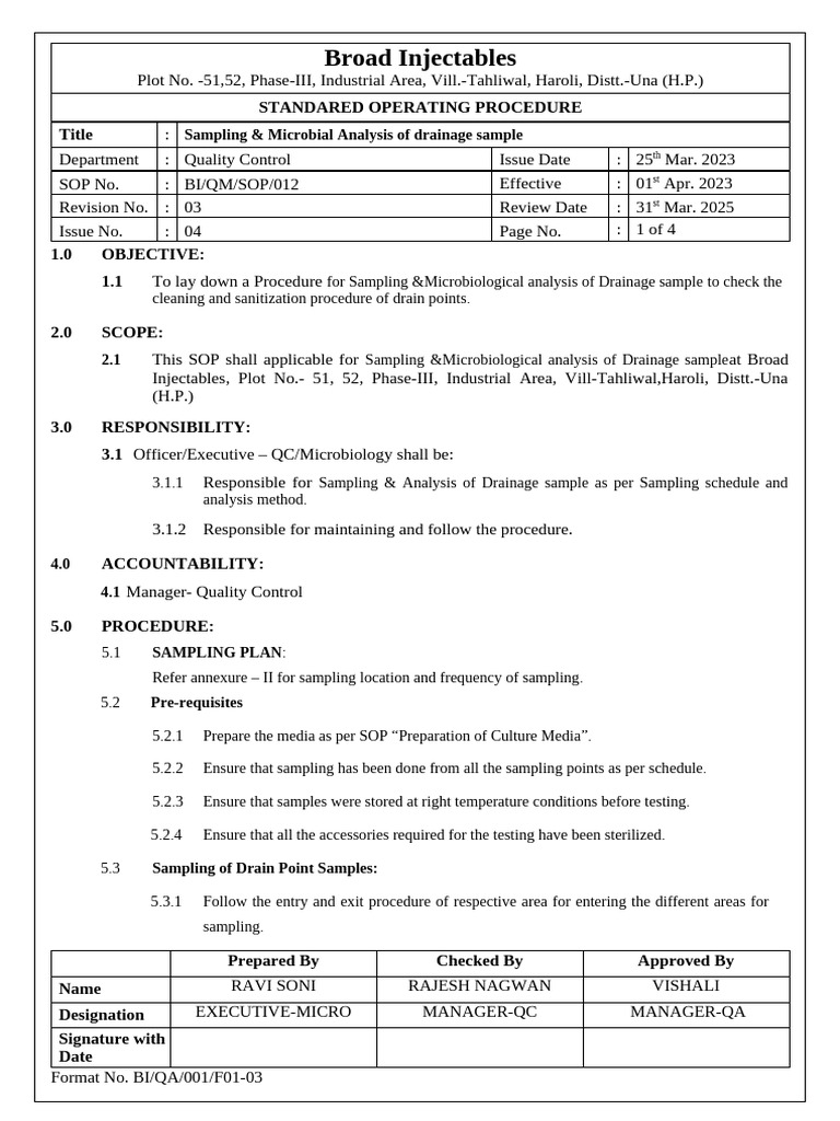 Drainage Sample Microbial Analysis SOP | PDF | Colony Forming Unit ...