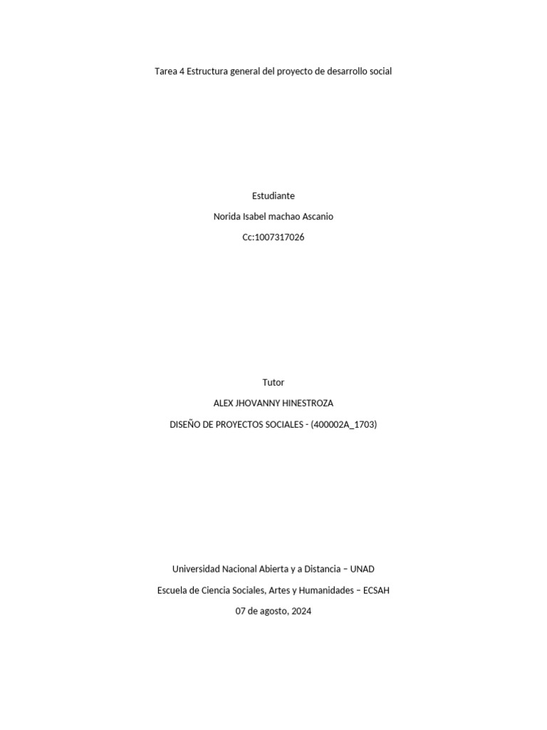 Tarea 4 Estructura General Del Proyecto de Desarrollo Social | PDF