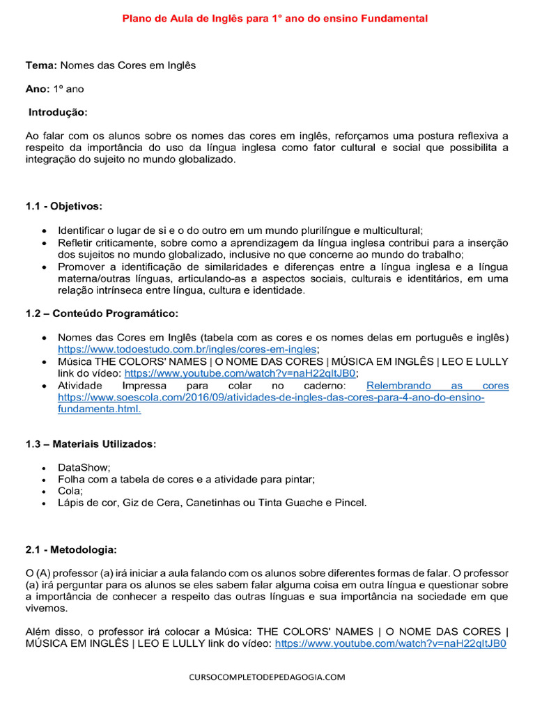 Plano de Aula de Ingles para 1° Ano Do Ensino Fundamental 1 | PDF