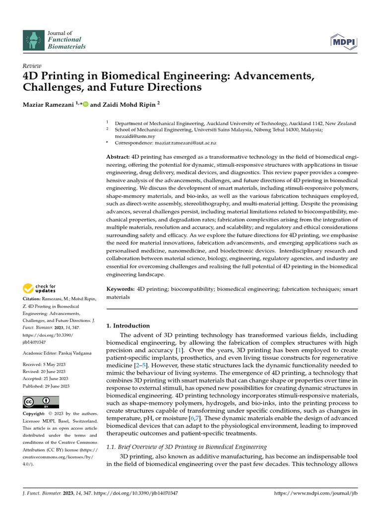 4D Printing in Biomedical Engineering Advancements | PDF