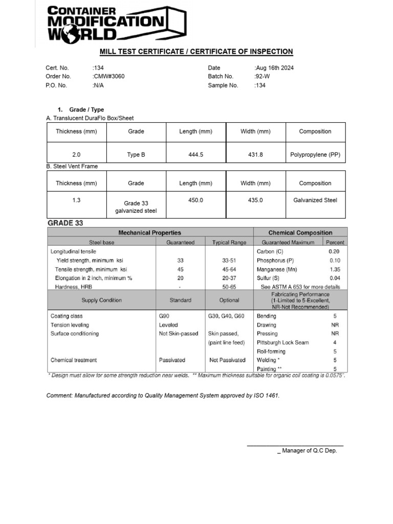 Mill Certificate CMW#3060 | PDF