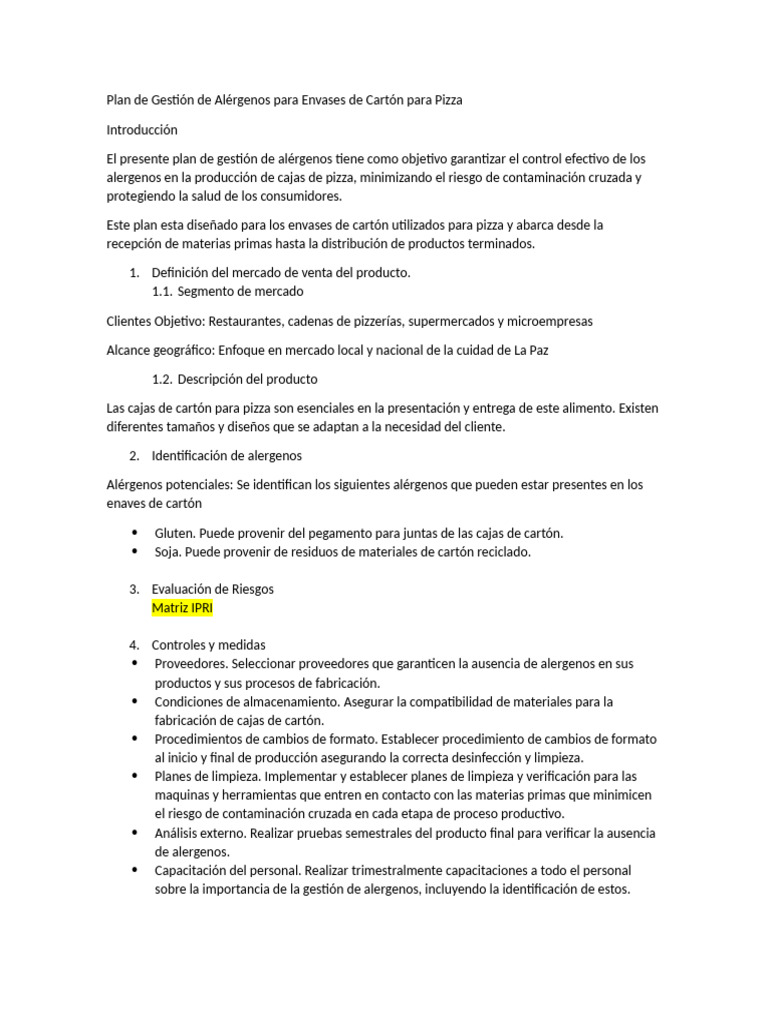 Plan de gesti n de al rgenos para envases de cart n para pizza 1 pdf