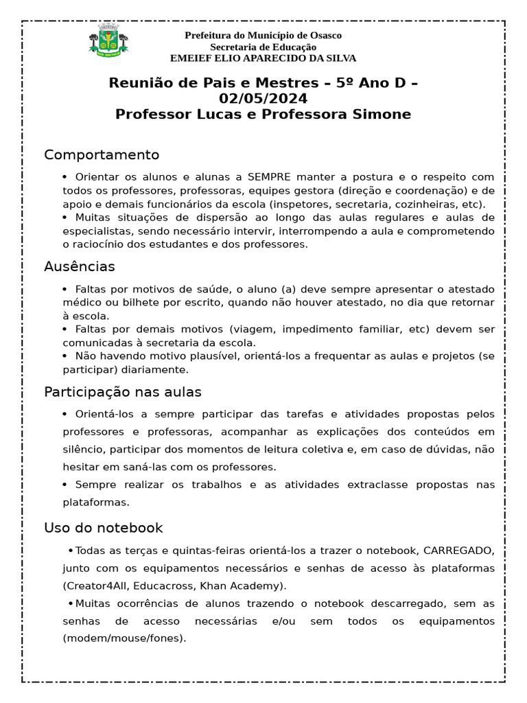 Reunião de Pais e Mestres - PAUTA | PDF