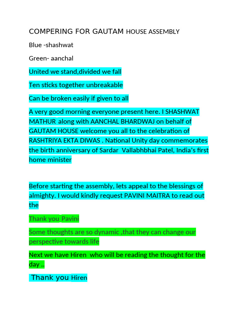 Rashtriya Ekta Diwas Compering | PDF