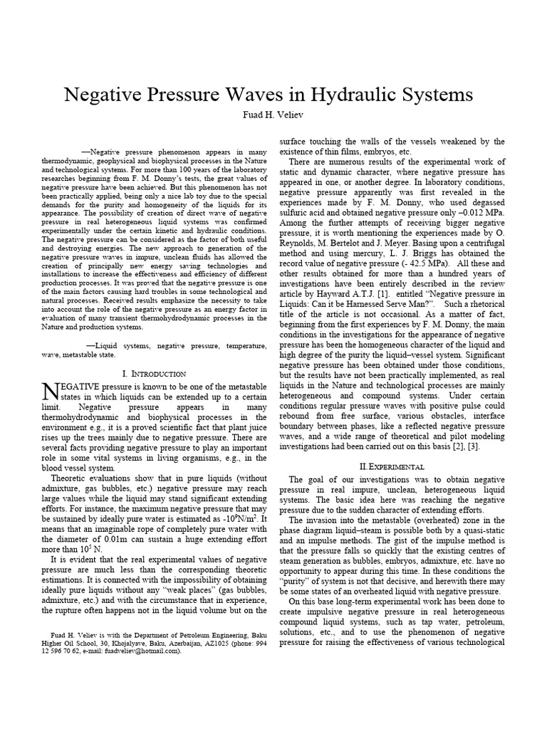 Negative Pressure Waves in Hydraulic Systems | PDF