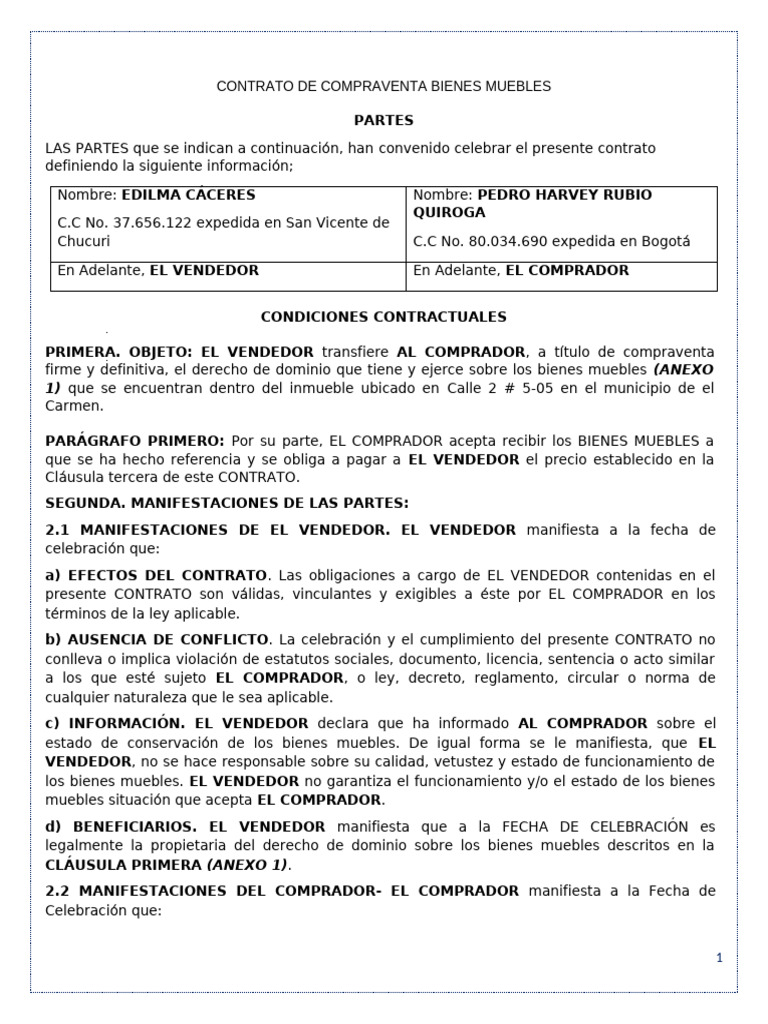 Contrato de Compraventa de Bienes Muebles | PDF | Justicia | Finanzas y ...