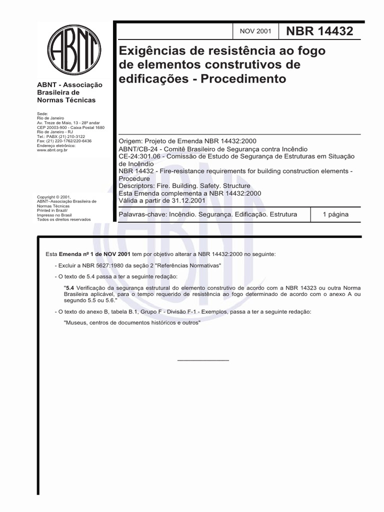 NBR - 14432 2001 ERRATA ExigênciasDeResistênciaAoFogoDeElementos | PDF